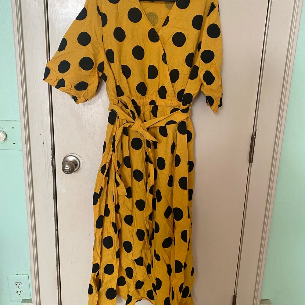 SHEIN Yellow Polka Dot Wrap Dress with Black Dots